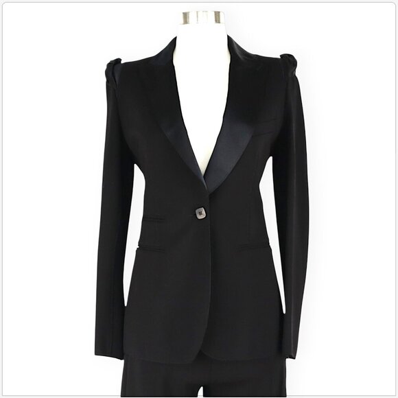 Donna Karan Black Puff Sleeve Jacket Molded Doubleknit Tuxedo Pants Suit NWT 2 - Picture 3 of 12